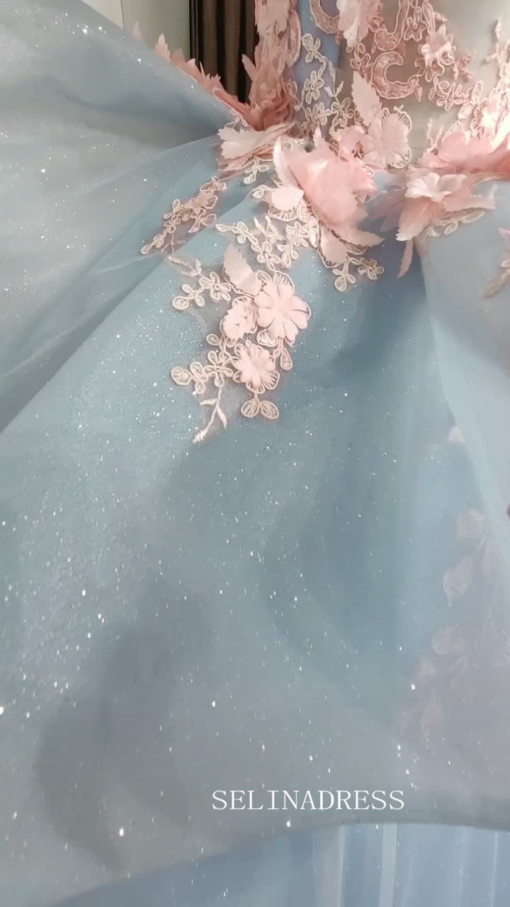 Light Sky Blue Ball Gown Long Formal Dress Pink 3D Floral Quinceanera SELINADRESS Light Sky Blue Ball Gown Long Formal Dress Pink 3D Floral Quinceanera SELINADRESS