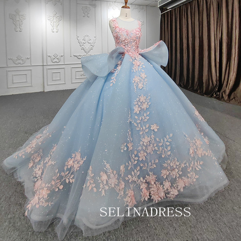 Light Sky Blue Ball Gown Long Formal Dress Pink 3D Floral Quinceanera SELINADRESS Light Sky Blue Ball Gown Long Formal Dress Pink 3D Floral Quinceanera SELINADRESS