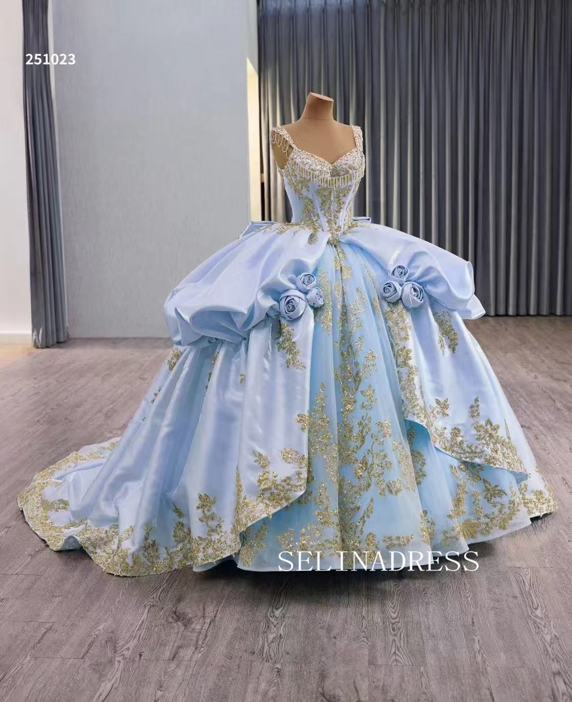 Light Sky Blue Ball Gown Prom Dress With Gold Applique Quincess Weddin SELINADRESS Light Sky Blue Ball Gown Prom Dress With Gold Applique Quincess Weddin SELINADRESS