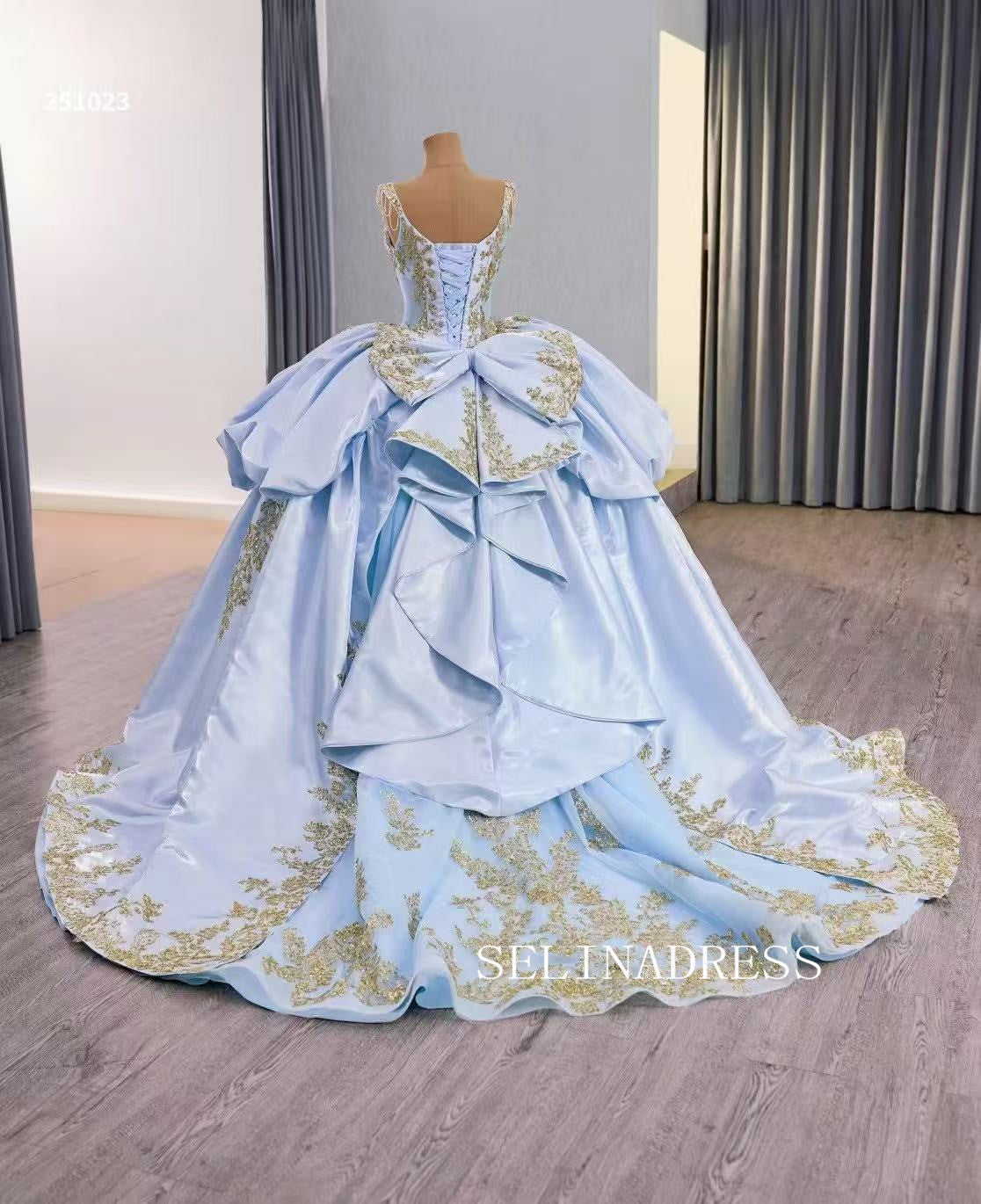 Light Sky Blue Ball Gown Prom Dress With Gold Applique Quincess Weddin SELINADRESS Light Sky Blue Ball Gown Prom Dress With Gold Applique Quincess Weddin SELINADRESS