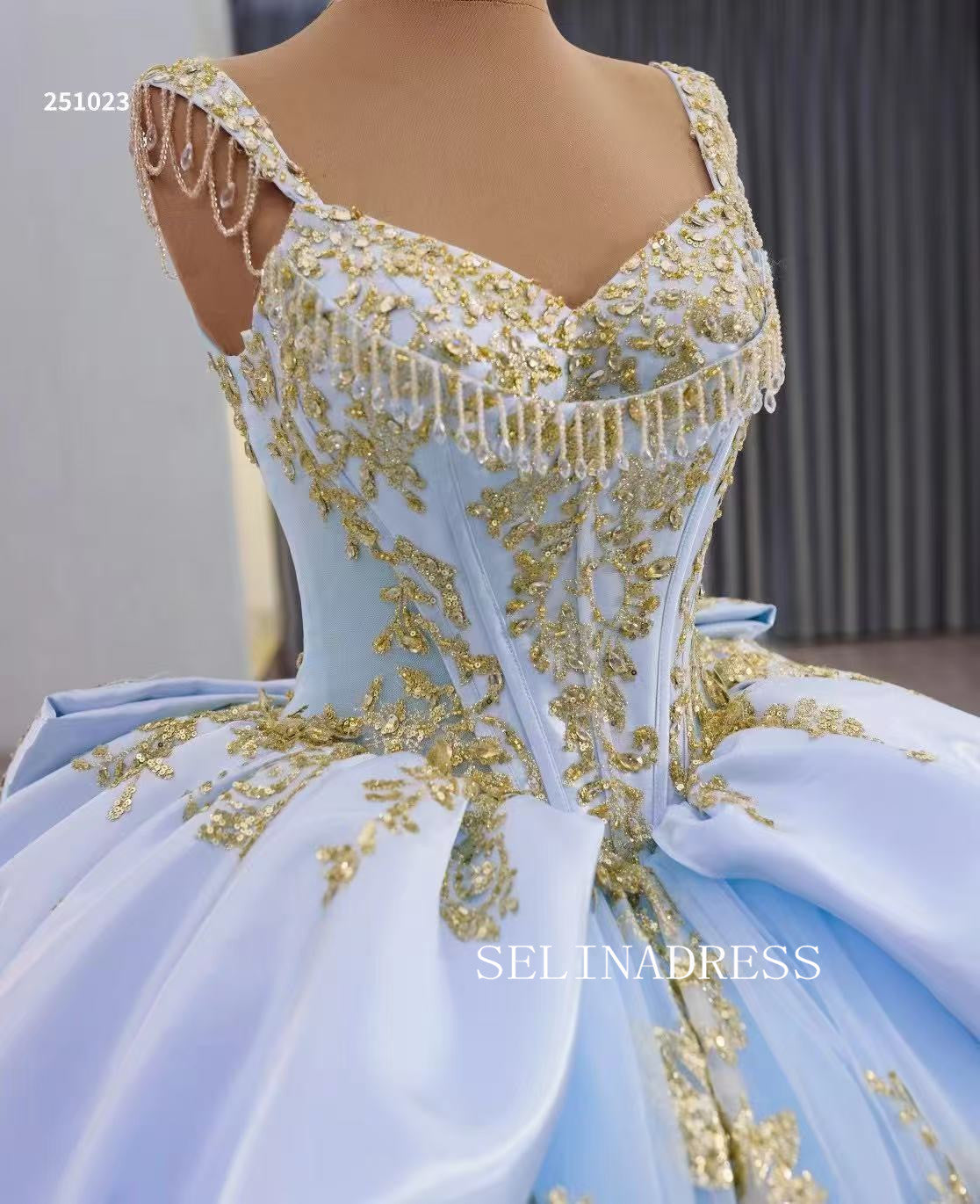 Light Sky Blue Ball Gown Prom Dress With Gold Applique Quincess Weddin SELINADRESS Light Sky Blue Ball Gown Prom Dress With Gold Applique Quincess Weddin SELINADRESS