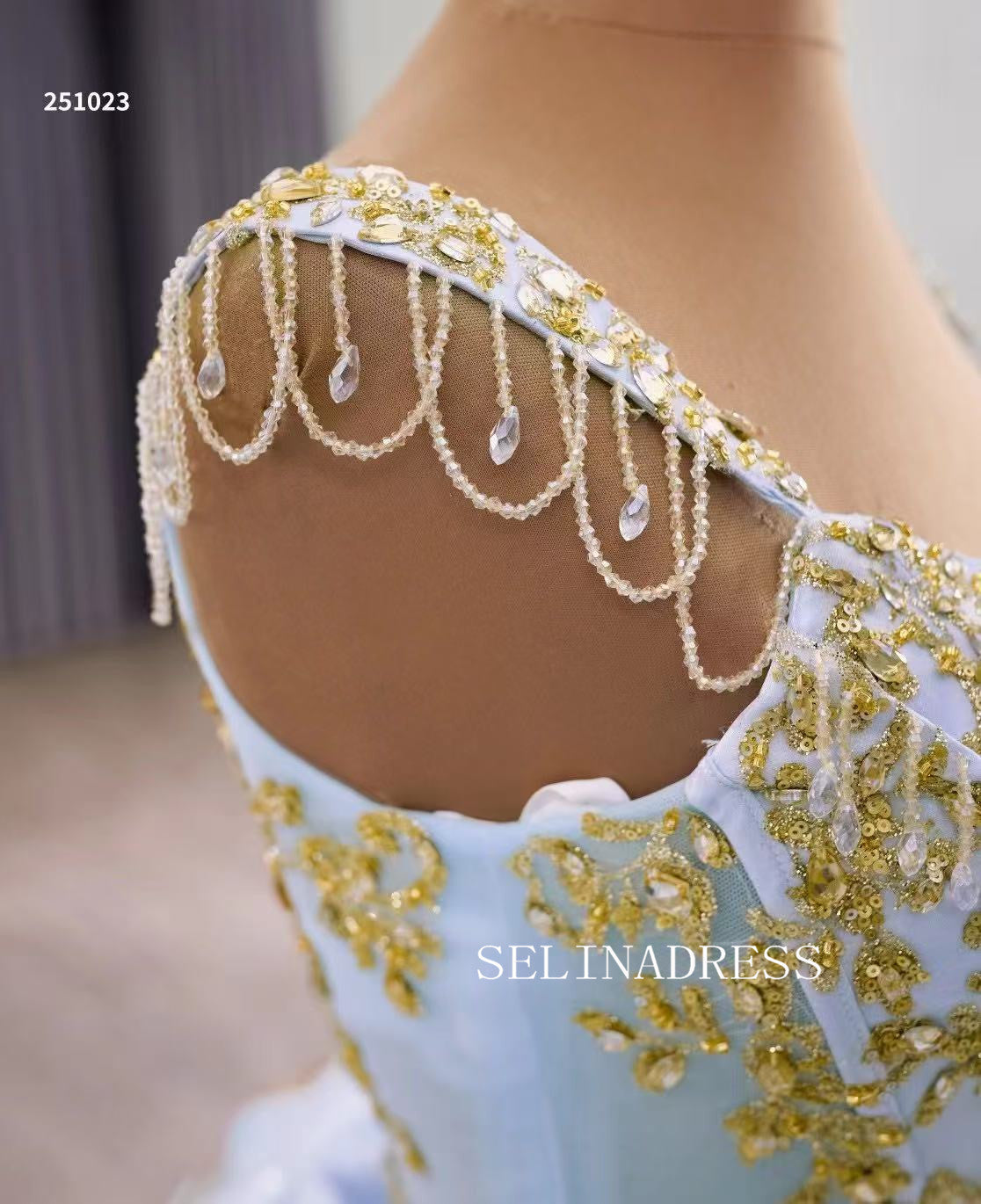 Light Sky Blue Ball Gown Prom Dress With Gold Applique Quincess Weddin SELINADRESS Light Sky Blue Ball Gown Prom Dress With Gold Applique Quincess Weddin SELINADRESS