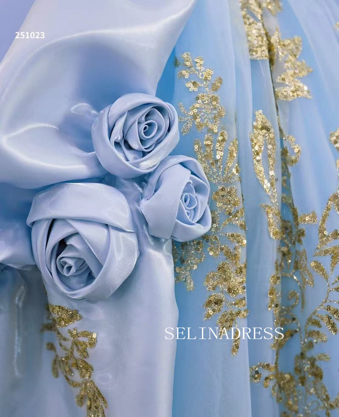 Light Sky Blue Ball Gown Prom Dress With Gold Applique Quincess Weddin SELINADRESS Light Sky Blue Ball Gown Prom Dress With Gold Applique Quincess Weddin SELINADRESS