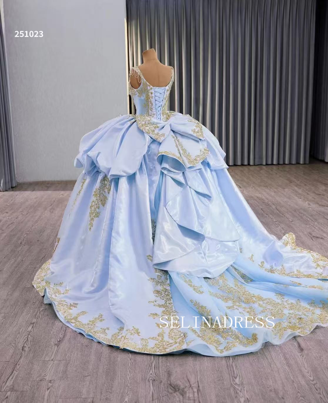 Light Sky Blue Ball Gown Prom Dress With Gold Applique Quincess Weddin SELINADRESS Light Sky Blue Ball Gown Prom Dress With Gold Applique Quincess Weddin SELINADRESS
