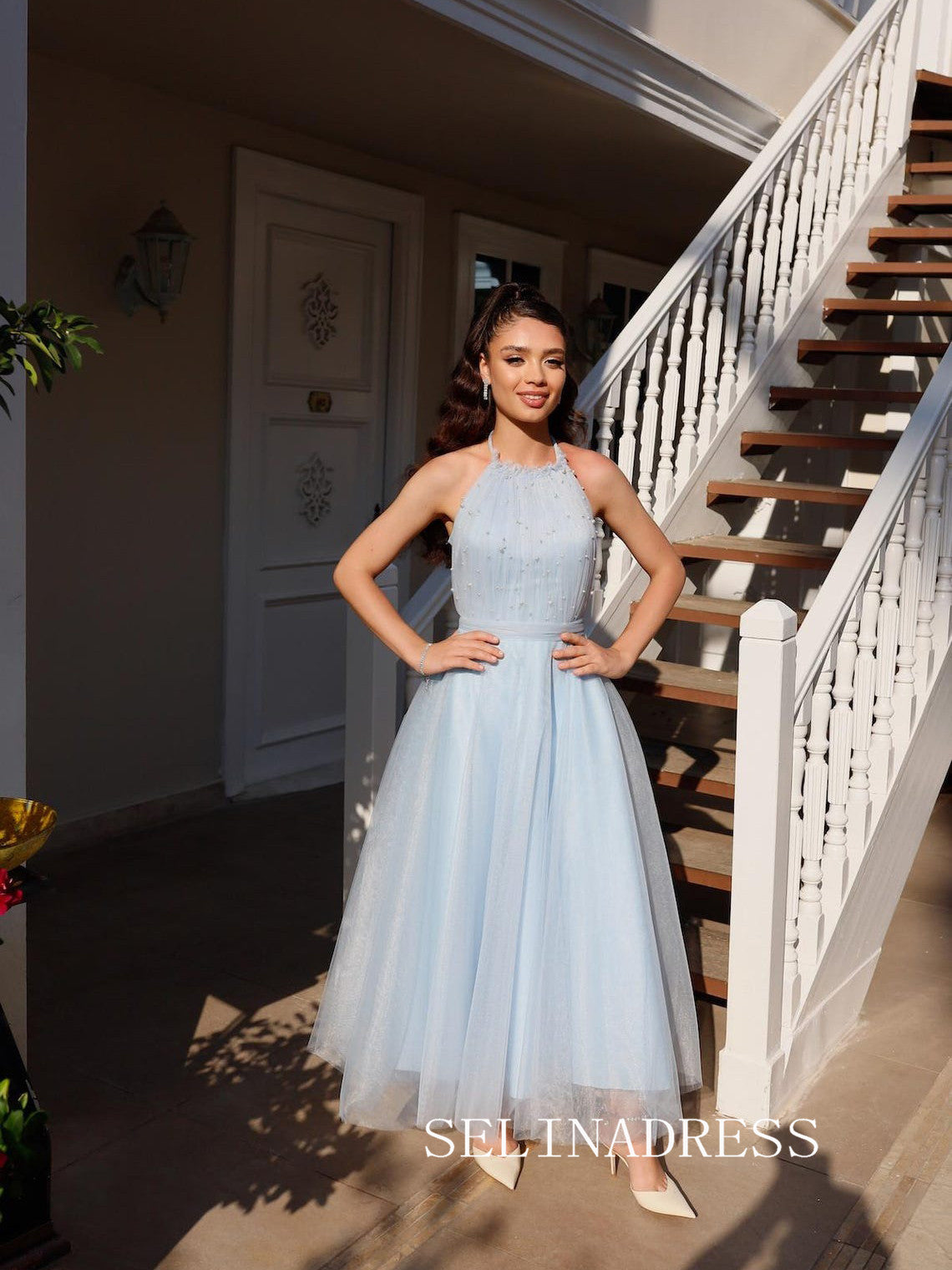 Light Sky Blue Halter Prom Dresses Ankle-length Tulle Cheap Formal Dre SELINADRESS Light Sky Blue Halter Prom Dresses Ankle-length Tulle Cheap Formal Dre SELINADRESS