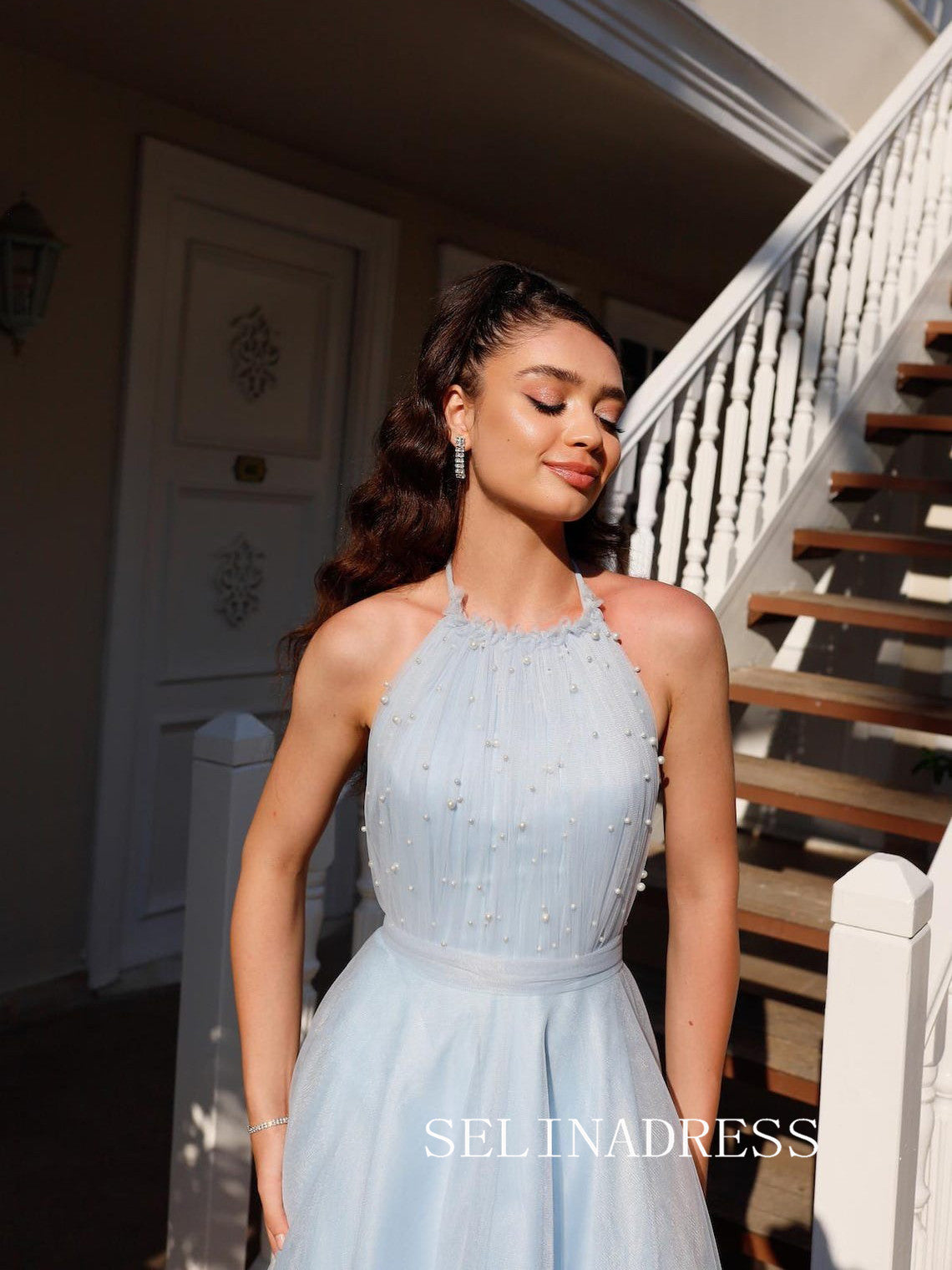 Light Sky Blue Halter Prom Dresses Ankle-length Tulle Cheap Formal Dresses SKO004 Light Sky Blue Halter Prom Dresses Ankle-length Tulle Cheap Formal Dresses SKO004
