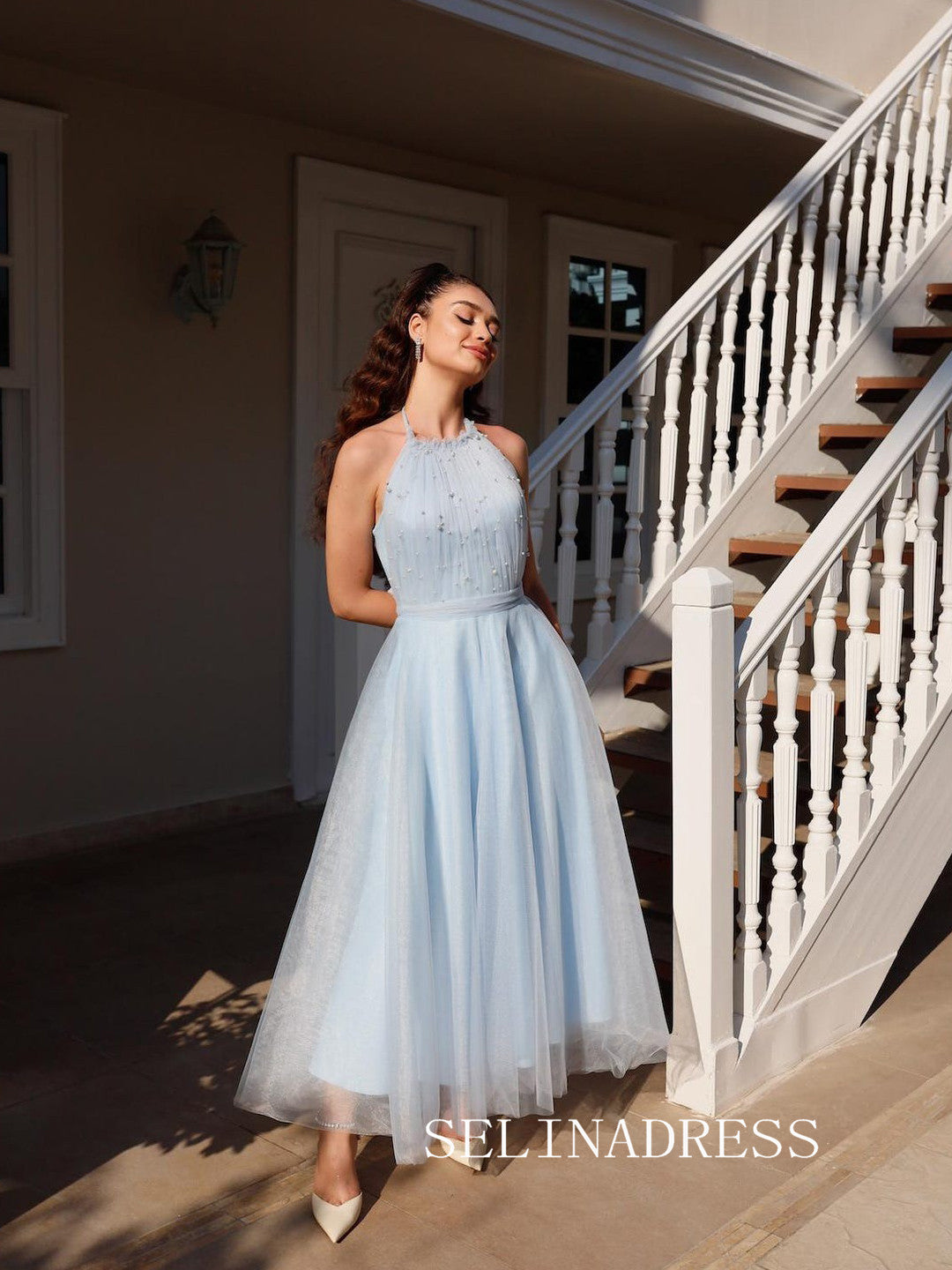 Light Sky Blue Halter Prom Dresses Ankle-length Tulle Cheap Formal Dre SELINADRESS Light Sky Blue Halter Prom Dresses Ankle-length Tulle Cheap Formal Dre SELINADRESS