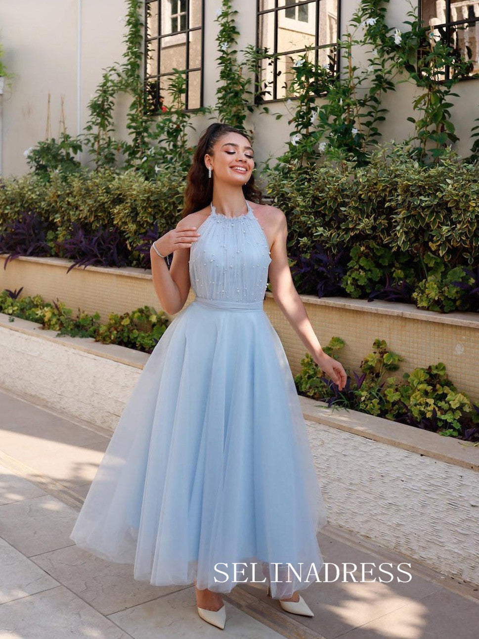 Light Sky Blue Halter Prom Dresses Ankle-length Tulle Cheap Formal Dre SELINADRESS Light Sky Blue Halter Prom Dresses Ankle-length Tulle Cheap Formal Dre SELINADRESS