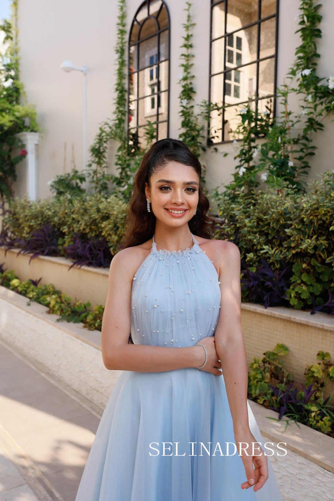 Light Sky Blue Halter Prom Dresses Ankle-length Tulle Cheap Formal Dre SELINADRESS Light Sky Blue Halter Prom Dresses Ankle-length Tulle Cheap Formal Dre SELINADRESS