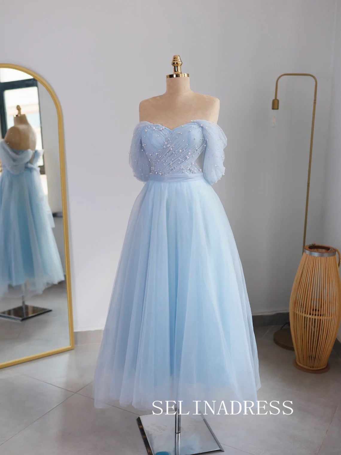women's light blue off the shoulder dress for winter ball Light Sky Blue Off-the-shoulder Prom Dresses Pearl Tulle Ankle-length – SELINADRESS