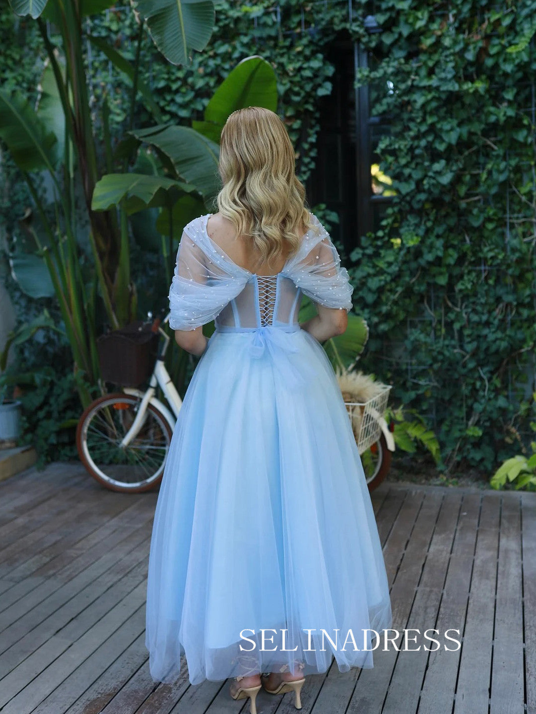 sky blue off the shoulder prom dress Anaya Sky Blue A Line Off the Shoulder Satin Lace Prom Dress Sky Blue / 12
