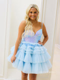 Light Sky Blue Sequin V-Neck Tiered Short Party Dress #lpk800|Selinadress