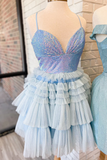 Light Sky Blue Sequin V-Neck Tiered Short Party Dress #lpk800|Selinadress