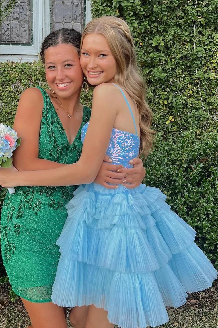 Light Sky Blue Sequin V-Neck Tiered Short Party Dress #lpk800 SELINADRESS Light Sky Blue Sequin V-Neck Tiered Short Party Dress #lpk800 SELINADRESS