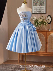 Light Sky Blue Stapless Cocktail Dress With Sequins Lace Cute Homecoming Dresses #ABC005|Selinadress