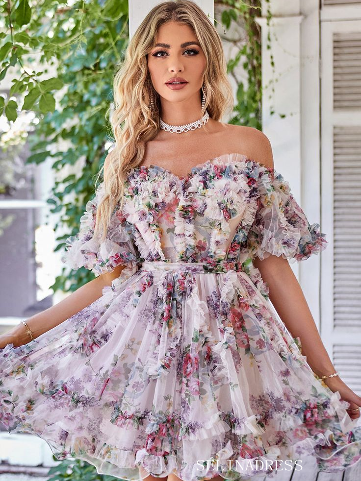 Lilac Floral Homecoming Dress Off-the-shoulder Tulle Short Prom Dress SELINADRESS Lilac Floral Homecoming Dress Off-the-shoulder Tulle Short Prom Dress SELINADRESS