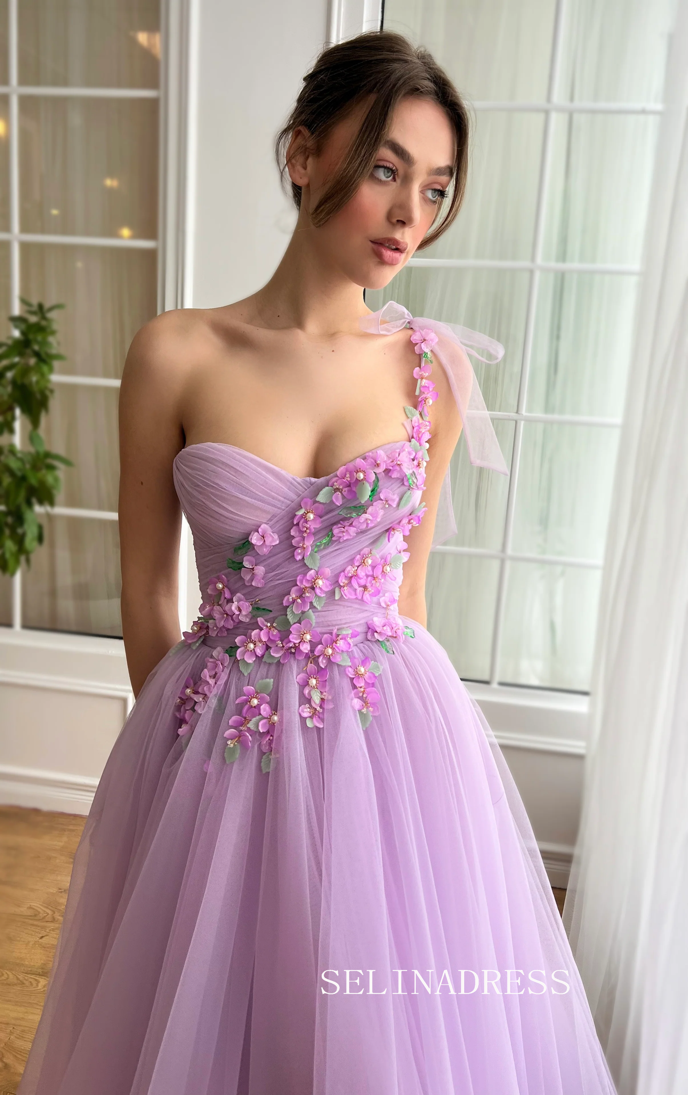 Lilac Floral Wedding Dress Tea Length One Shoulder Prom Dresses Prince SELINADRESS Lilac Floral Wedding Dress Tea Length One Shoulder Prom Dresses Prince SELINADRESS