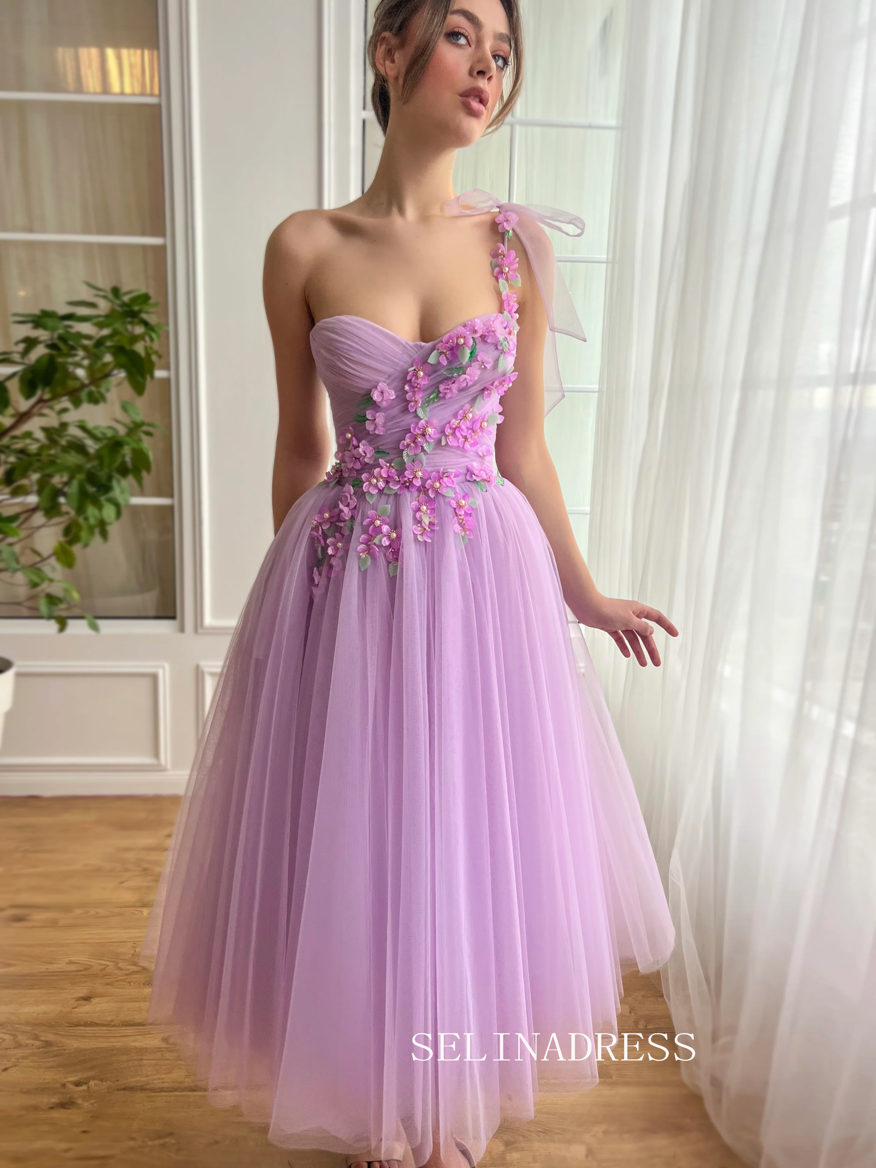 Lilac Floral Wedding Dress Tea Length One Shoulder Prom Dresses Prince SELINADRESS Lilac Floral Wedding Dress Tea Length One Shoulder Prom Dresses Prince SELINADRESS