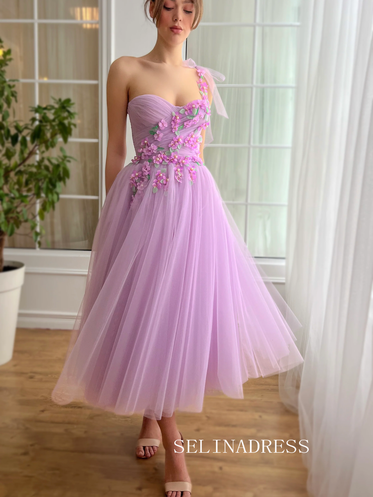 Lilac Floral Wedding Dress Tea Length One Shoulder Prom Dresses Princess Evening Gowns EWR307 Lilac Floral Wedding Dress Tea Length One Shoulder Prom Dresses Princess Evening Gowns EWR307