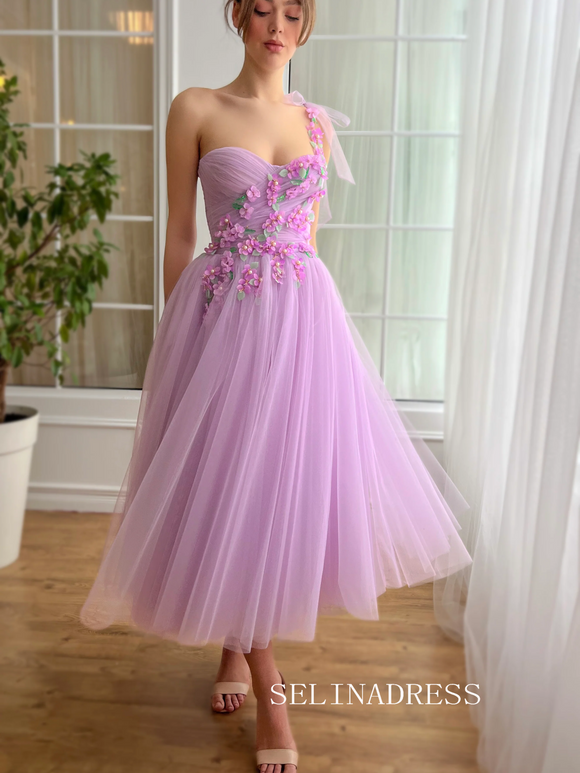 Lilac Floral Wedding Dress Tea Length One Shoulder Prom Dresses Princess Evening Gowns EWR307|Selinadress