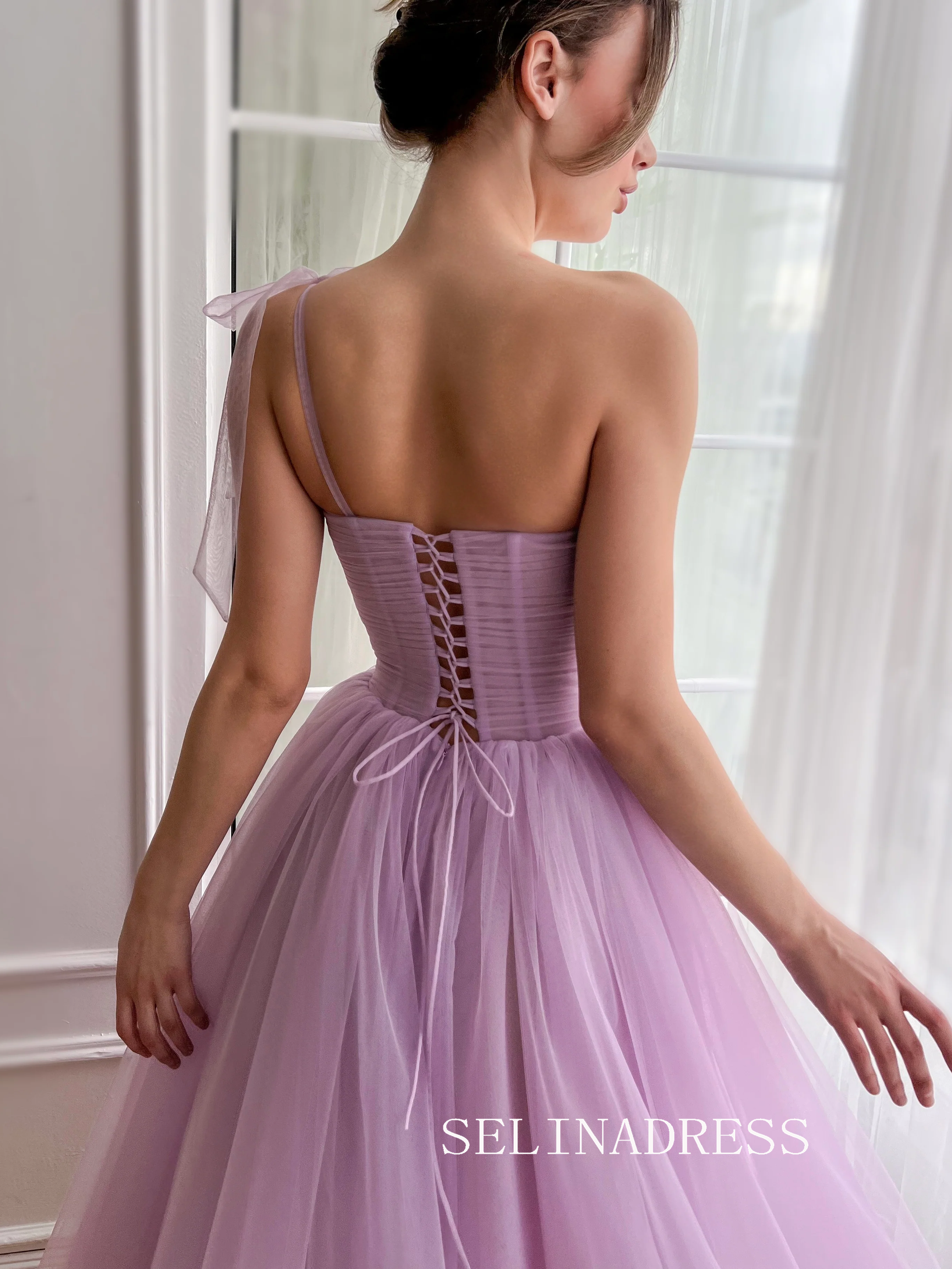 Lilac Floral Wedding Dress Tea Length One Shoulder Prom Dresses Prince SELINADRESS Lilac Floral Wedding Dress Tea Length One Shoulder Prom Dresses Prince SELINADRESS
