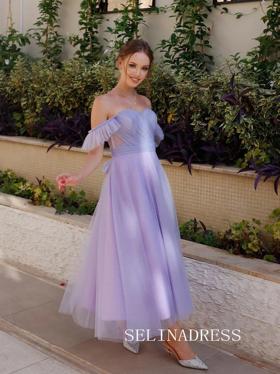 Lilac Off-the-shoulder Prom Dresses Tulle Ankle-length Formal Dresses SELINADRESS Lilac Off-the-shoulder Prom Dresses Tulle Ankle-length Formal Dresses SELINADRESS
