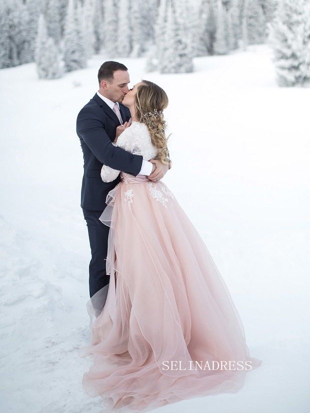 Long-Sleeve Blush Pink Wedding Gown with Ruffled Skirt COK109|Selinadress