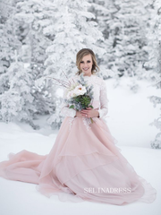 Long-Sleeve Blush Pink Wedding Gown with Ruffled Skirt COK109|Selinadress