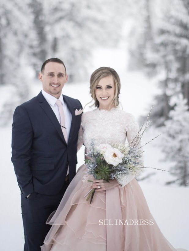 Long-Sleeve Blush Pink Wedding Gown with Ruffled Skirt COK109|Selinadress