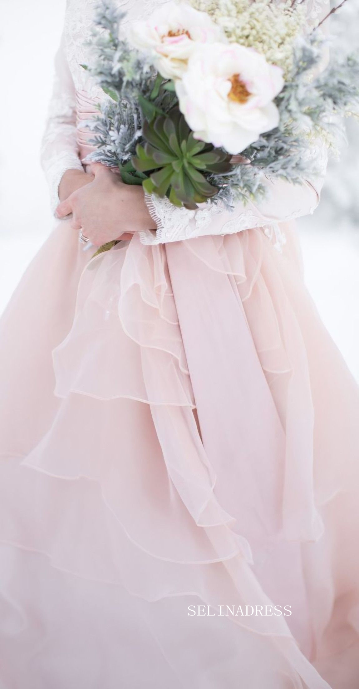 Long-Sleeve Blush Pink Wedding Gown with Ruffled Skirt COK109|Selinadress