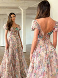 Chic A-line Off-the-shoulder Floral Beaded Long Prom Dress Elegant Eevening Dress #lop243