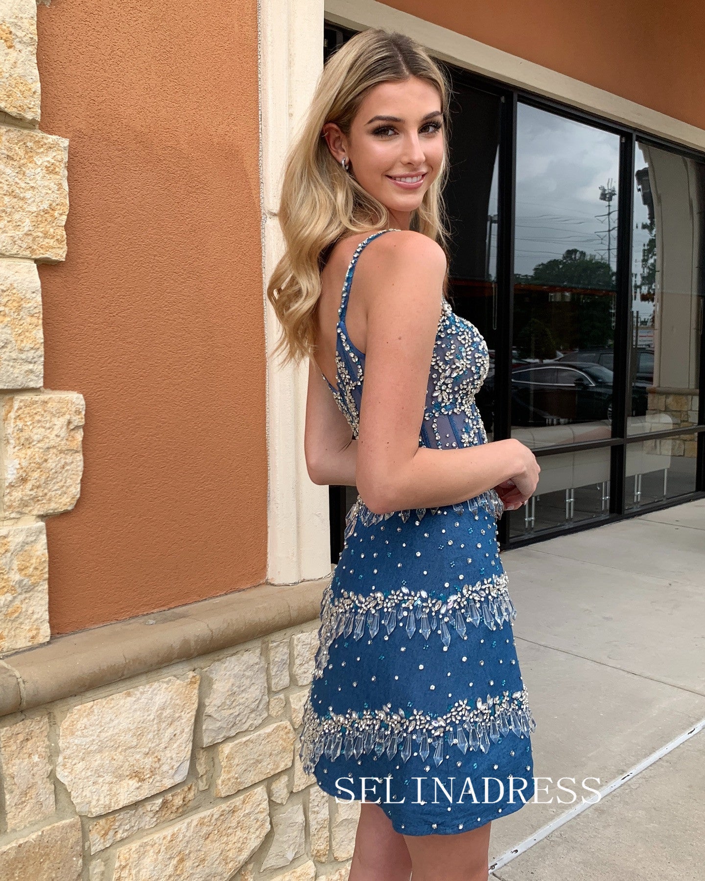 Lovely Blue Beaded Homecoming Dresses Sheath/Column Hoco Dress Cocktai SELINADRESS Lovely Blue Beaded Homecoming Dresses Sheath/Column Hoco Dress Cocktai SELINADRESS