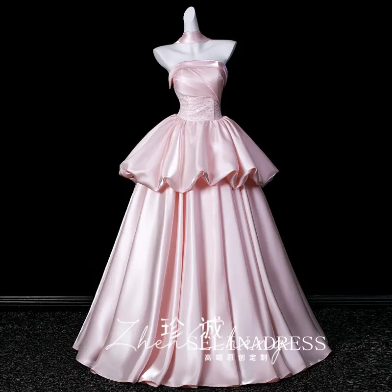 Lovely Blushing Pink Ruffles Satin Prom Dresses Strapless Sleeveless Ball Gown LET020|Selinadress