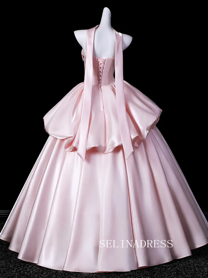 Lovely Blushing Pink Ruffles Satin Prom Dresses Strapless Sleeveless Ball Gown LET020|Selinadress