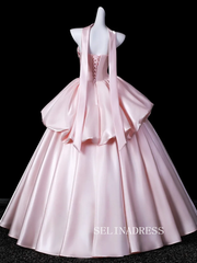 Lovely Blushing Pink Ruffles Satin Prom Dresses Strapless Sleeveless Ball Gown LET020|Selinadress