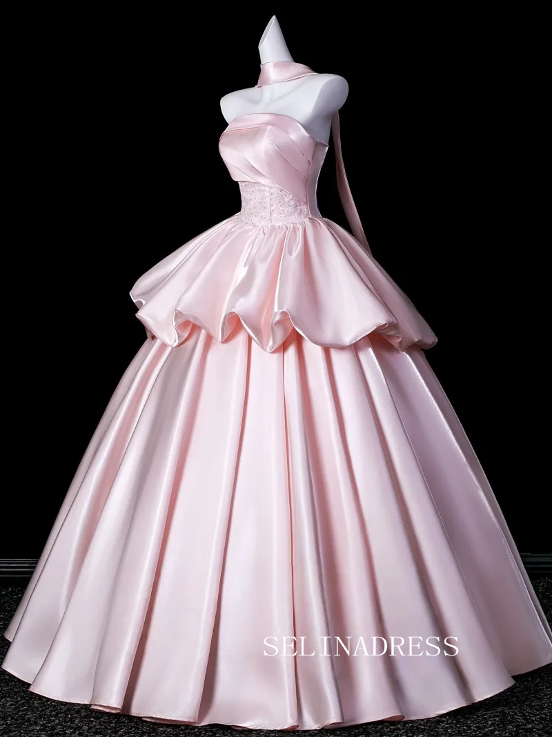 Lovely Blushing Pink Ruffles Satin Prom Dresses Strapless Sleeveless Ball Gown LET020|Selinadress