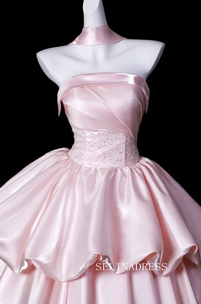 Lovely Blushing Pink Ruffles Satin Prom Dresses Strapless Sleeveless Ball Gown LET020|Selinadress