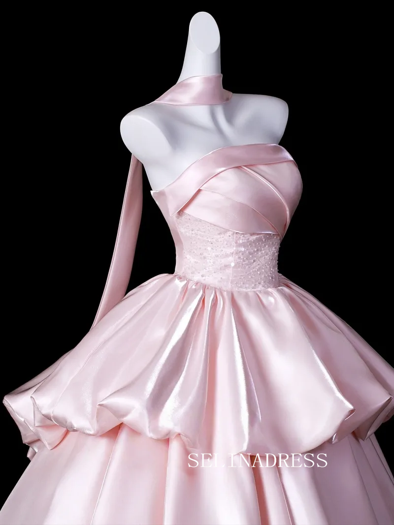 Lovely Blushing Pink Ruffles Satin Prom Dresses Strapless Sleeveless Ball Gown LET020|Selinadress