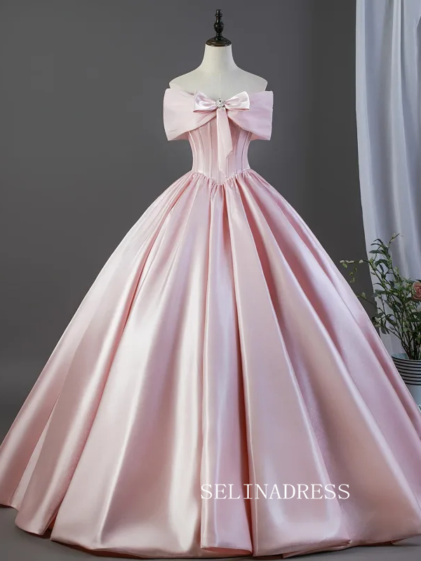 Lovely Blushing Pink Satin Prom Dresses Off-The-Shoulder Short Sleeve Ball Gown LET025|Selinadress