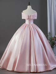 Lovely Blushing Pink Satin Prom Dresses Off-The-Shoulder Short Sleeve Ball Gown LET025|Selinadress