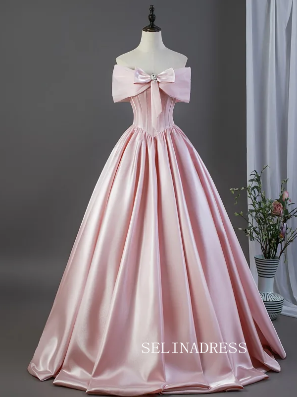 Lovely Blushing Pink Satin Prom Dresses Off-The-Shoulder Short Sleeve Ball Gown LET025|Selinadress