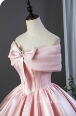 Lovely Blushing Pink Satin Prom Dresses Off-The-Shoulder Short Sleeve Ball Gown LET025|Selinadress