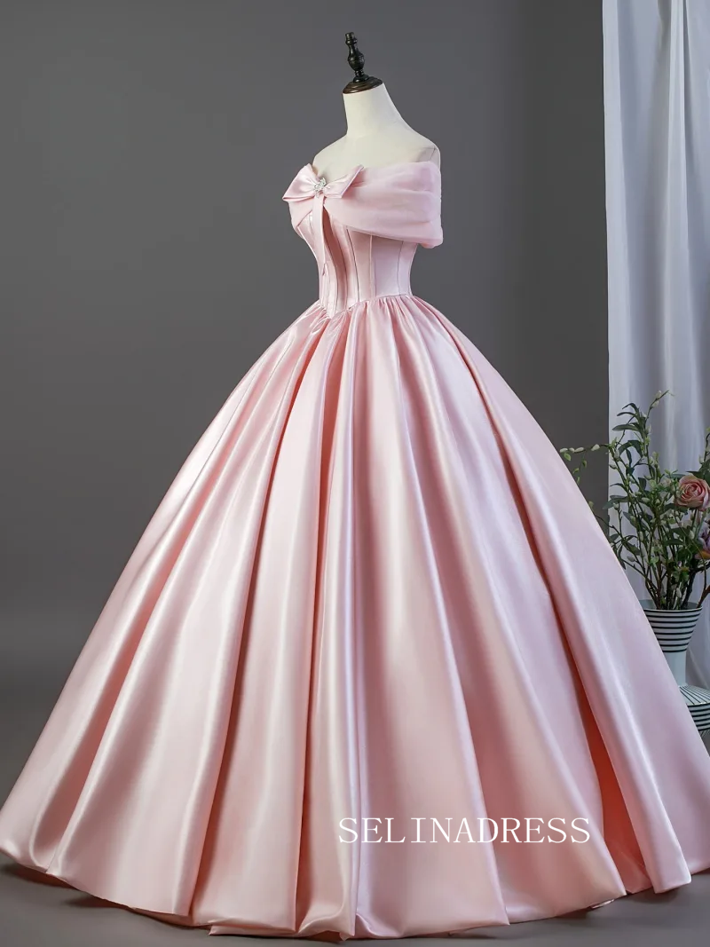 Lovely Blushing Pink Satin Prom Dresses Off-The-Shoulder Short Sleeve Ball Gown LET025|Selinadress