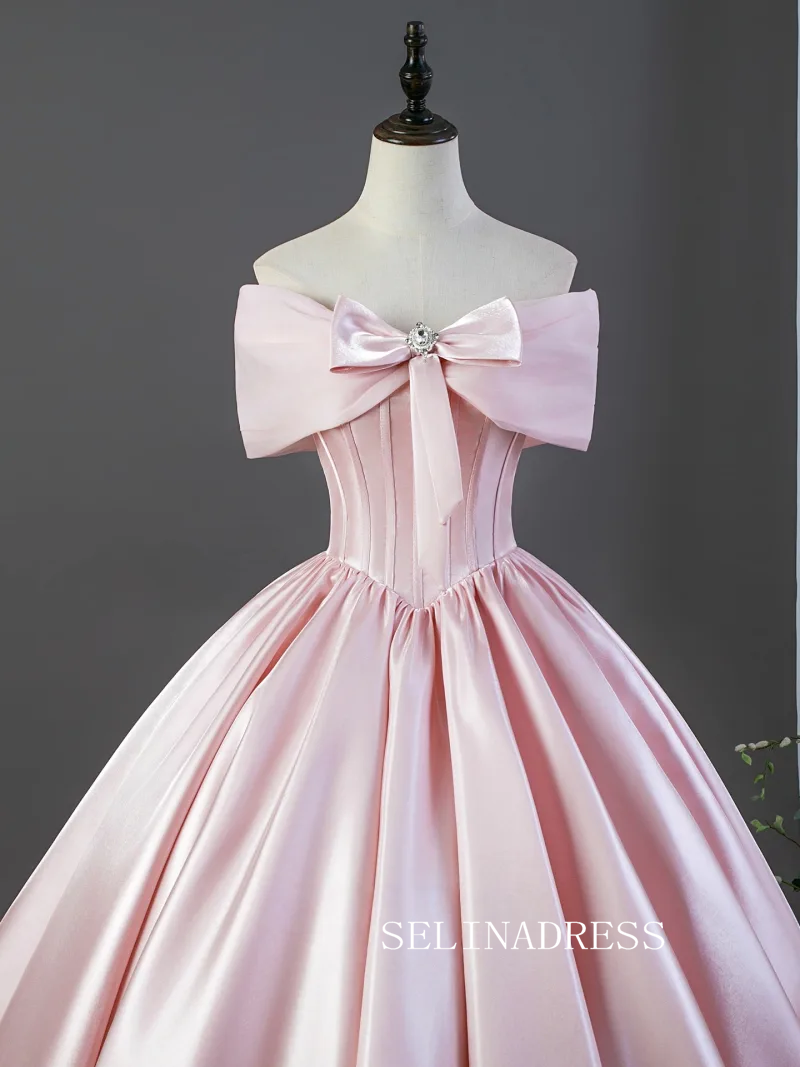 Lovely Blushing Pink Satin Prom Dresses Off-The-Shoulder Short Sleeve Ball Gown LET025|Selinadress