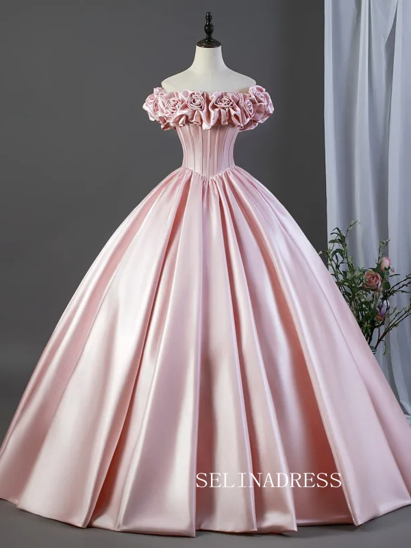 Lovely Blushing Pink Satin Prom Dresses Ruffle Off-The-Shoulder Short Sleeve Ball Gown LET024|Selinadress