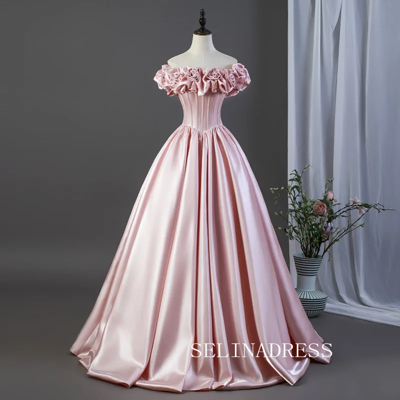 Lovely Blushing Pink Satin Prom Dresses Ruffle Off-The-Shoulder Short Sleeve Ball Gown LET024|Selinadress