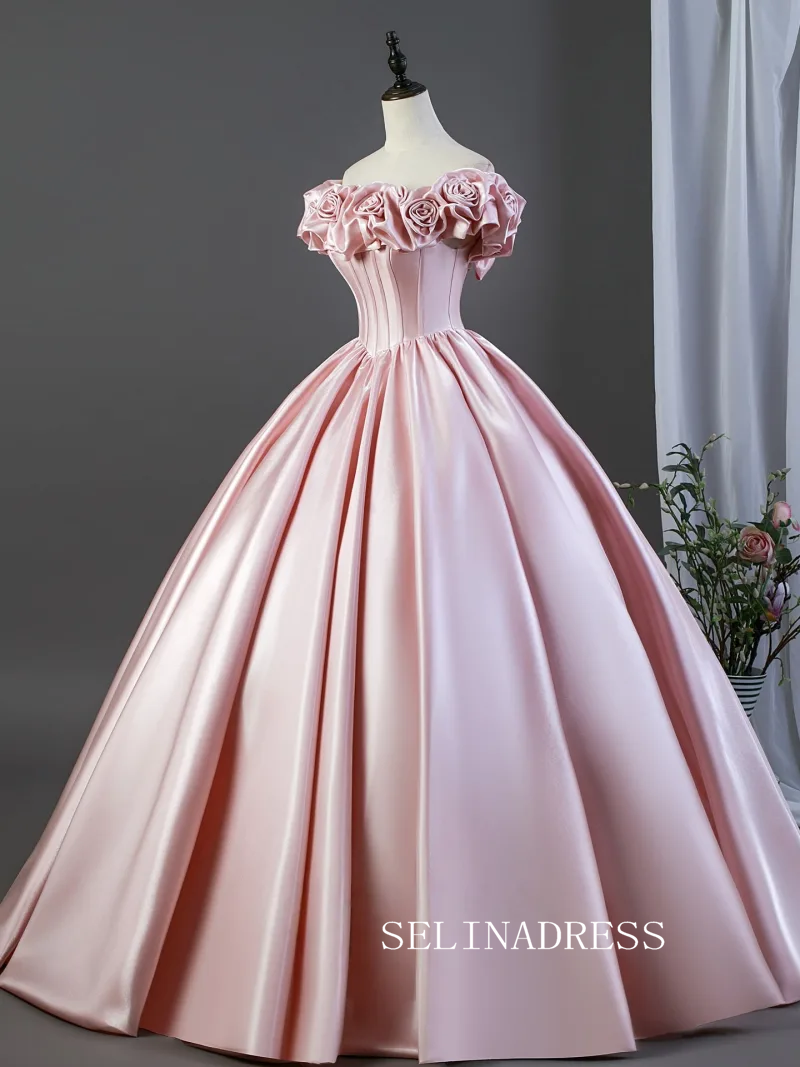 Lovely Blushing Pink Satin Prom Dresses Ruffle Off-The-Shoulder Short Sleeve Ball Gown LET024|Selinadress