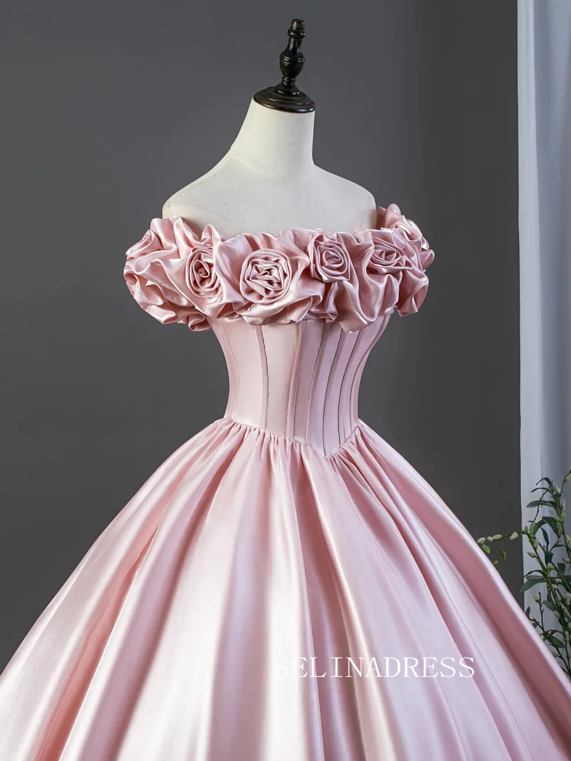 Lovely Blushing Pink Satin Prom Dresses Ruffle Off-The-Shoulder Short Sleeve Ball Gown LET024|Selinadress