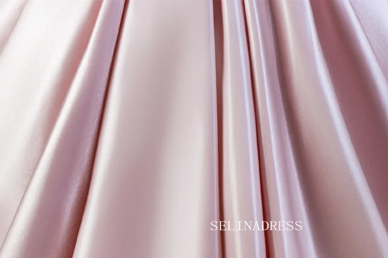 Lovely Blushing Pink Satin Prom Dresses Ruffle Off-The-Shoulder Short Sleeve Ball Gown LET024|Selinadress