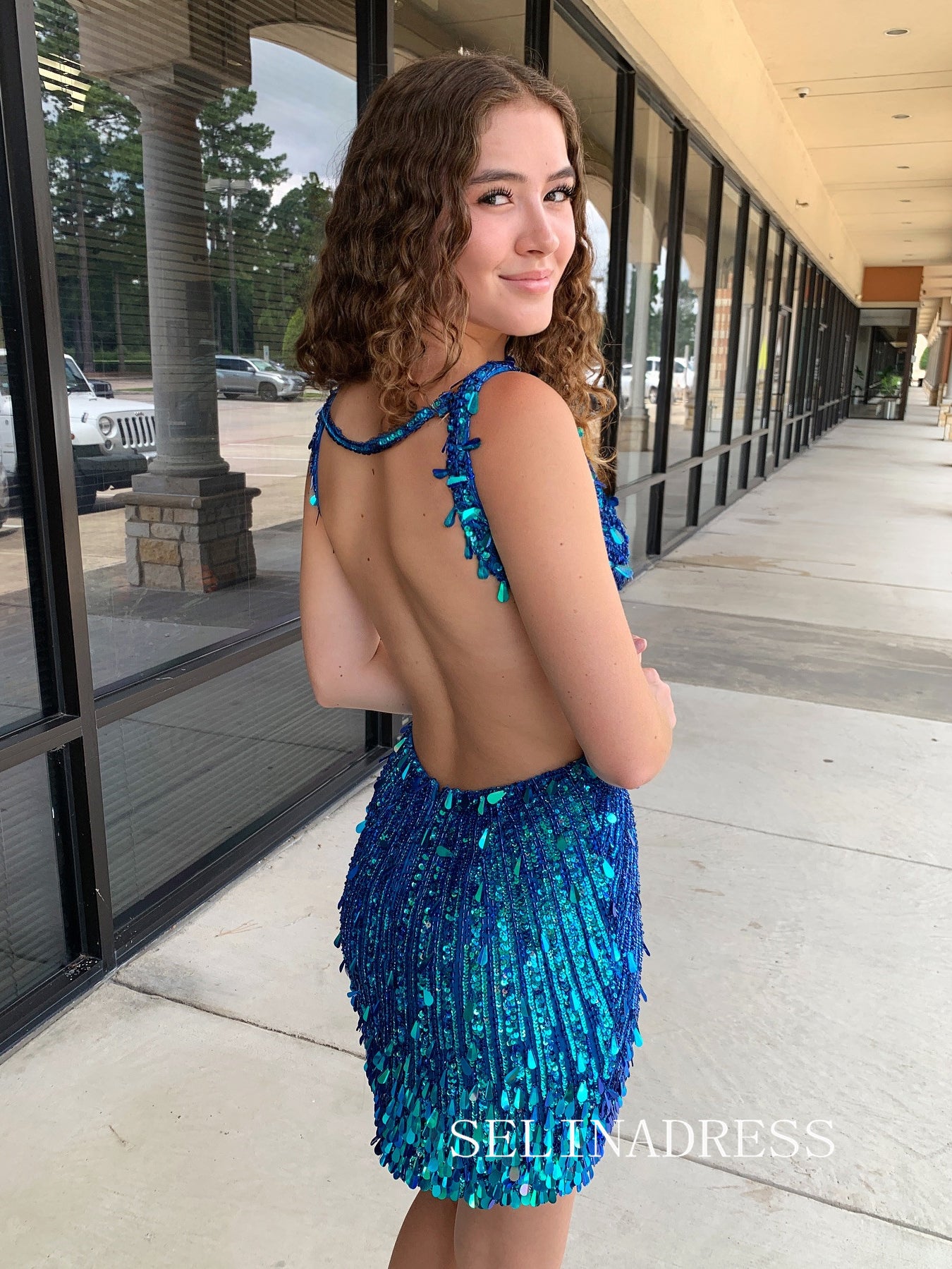Lovely V neck Short Homecoming Dresses Blue Sequins Hoco Dress Cocktai SELINADRESS Lovely V neck Short Homecoming Dresses Blue Sequins Hoco Dress Cocktai SELINADRESS
